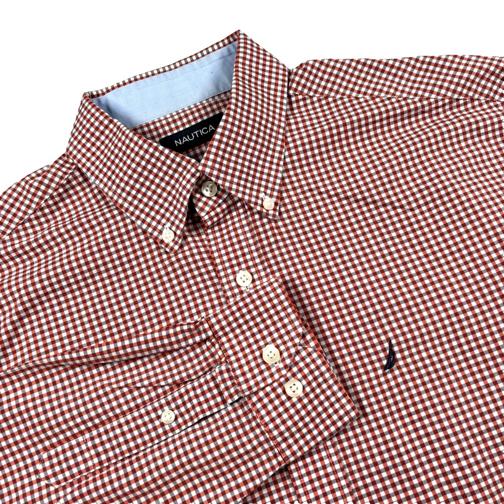 Nautica Men's Large 16.5 34/35 Red White Gingham Plaid Button Down Shirt